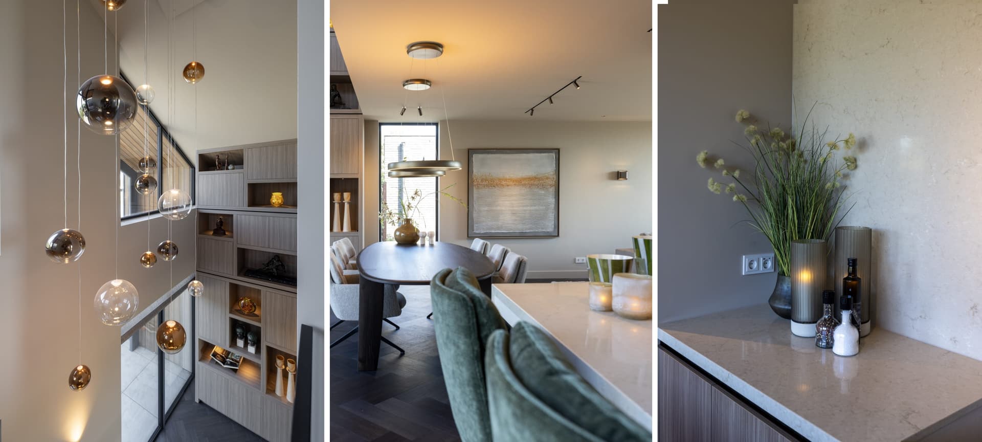 Drie sfeer beelden van een huis met warme uitstraling